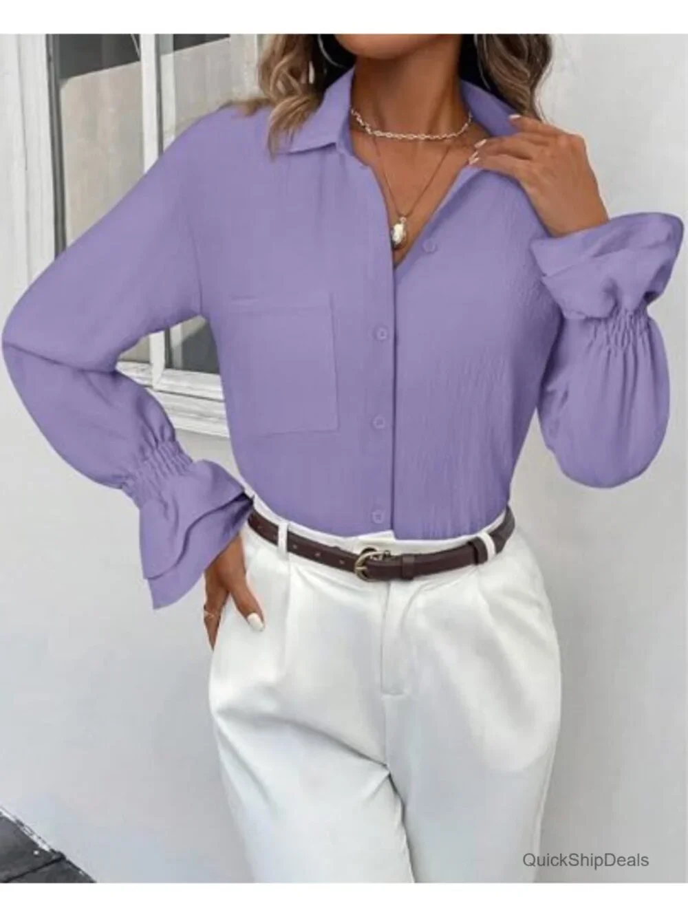 Oversize Striped Button Down Shirt Smocked Long Sleeve Blouse Ruffle Casual Top